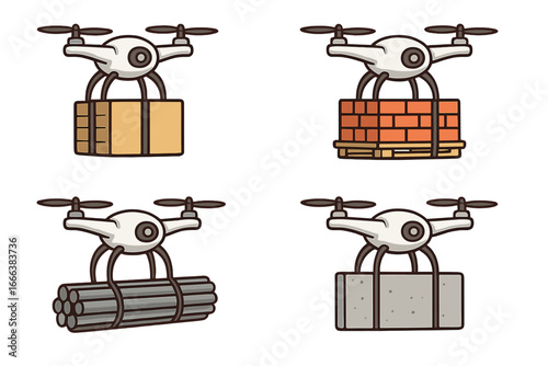 Set of drones delivering construction materials. Quadcopter transportation and logistics concept. Vector icons of UAV lifting bricks, metal pipes, concrete block, and parcel.