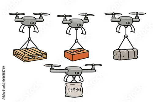 Drone construction delivery set. Quadcopters lifting and transporting building materials like cement, brick, pallet. Future logistics and cargo technology. Vector cartoon icons.