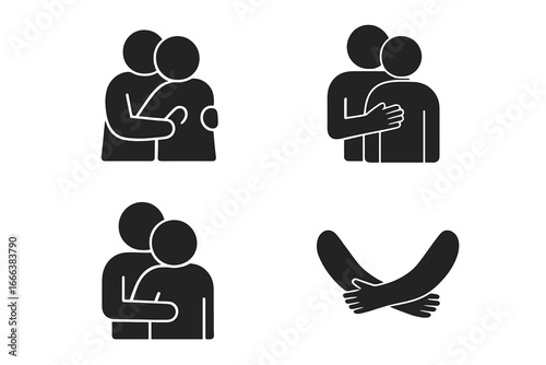 Support hug glyph icon set. Empathy, compassion and care concept. Friends comfort, grief and loss support. Mental health aid. Relationship, love, embrace pictogram vector.