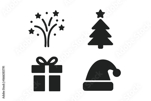 Winter holiday icons set, solid filled vector symbols of festive celebrations including New Year fireworks, Christmas tree with star, Santa hat, and gift box, transparent background