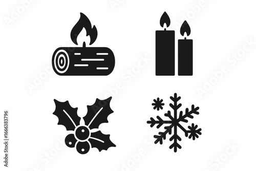 Winter Solstice Icons Set, Solid Filled Vector Illustration of Yule Log Fire, Burning Candles, Holly Berries with Leaves, Snowflakes, and Evergreen Tree Symbol for Holiday Celebration