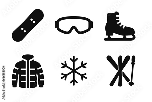 Winter sports icons set, solid black vector illustrations including snowboard, ski goggles, ice skate, insulated jacket, snowflake, and ski equipment for cold weather activities