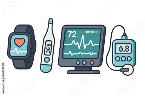 Medical technology icon set. Healthcare monitoring tools. Vector illustration of a smartwatch heart rate tracker, digital thermometer, ECG monitor, and glucose meter for diabetes.