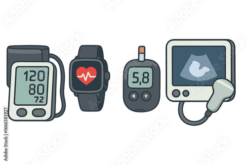 Medical technology for health monitoring. Cartoon vector set with blood pressure monitor, smartwatch, glucometer, ultrasound machine. Healthcare, diagnostic, and treatment icons.