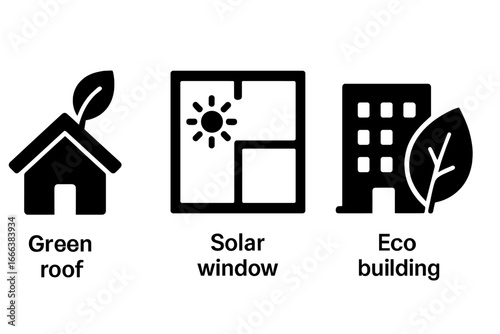 Sustainable architecture icon set. Eco-friendly building, green roof, and solar window solid glyphs. Green energy and ecology concept for construction and real estate vector.