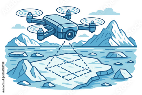 Drone mapping polar regions and ice landscapes. Quadcopter technology for environmental monitoring and climate change research. UAV surveying arctic glaciers. Vector cartoon.