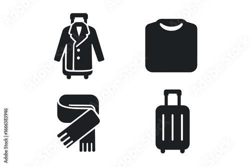 Winter travel essentials icons set, solid filled vector illustrations of travel-ready winter wardrobe with suitcase, coat, scarf, sweater, luggage for cold weather trips, holiday packing symbols