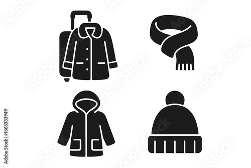 Winter Travel Essentials Icons Set with Solid Filled Style, Cozy Suitcase and Coat, Warm Scarf, Foldable Jacket, and Winter Hat Vector Illustrations for Cold Weather Trips