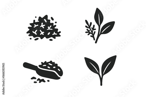 Tea Leaf Icons Solid Filled Vector Set of Tea Leaves and Botanicals, Loose Dried Herbs, Tea Scoop and Sprig Illustration for Organic Herbal Tea Design