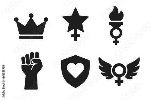 Women Empowerment Icons Solid Filled Vector Set with Crown, Star, Torch, Raised Fist, Heart Shield, Wings Symbolizing Strength, Feminism, Equality, and Unity