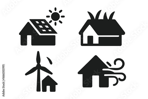 Sustainable architecture solid icon set. Eco friendly building, green energy concepts. House with solar panel, living roof, home wind turbine. Climate resilient home vector.