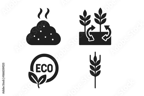 Sustainable farming icons set with compost pile, crop rotation, eco-friendly agriculture symbols, barley field growth, organic farming, environmental conservation vector illustrations