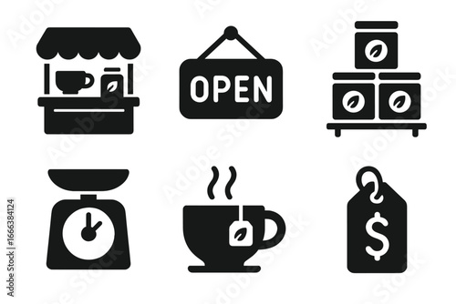 Tea Shop Icons Set, Solid Filled Vector Graphics of Tea Shop Essentials Including Counter Display, Open Sign, Tea Shelf, Scale, Tasting Cup, Price Tag, Transparent Background