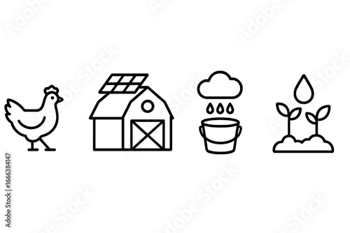 Sustainable farming icons set, outline vector illustrations of small-scale farming chicken coop, solar panel barn roof, rainwater collection bucket, plant watering concept