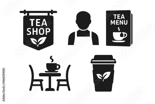 Solid filled tea shop icons vector set with café sign, barista figure, tea menu, café table with cup, to-go cup design, tea house symbols for café and beverage branding