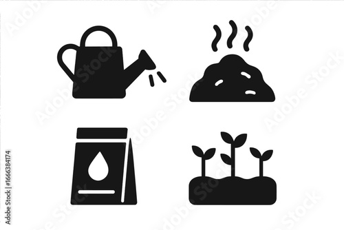 Sustainable gardening icons set, solid filled vector symbols of eco-friendly watering can, compost heap, seed packet, young plant sprouts for organic garden illustration