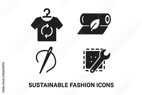 Solid Filled Sustainable Fashion Icons Set with Eco-friendly Secondhand Shirt, Organic Fabric Roll, Sewing Needle, and Clothing Repair Tools Vector Illustration