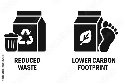Sustainable Packaging Icons Solid Filled Vector Set Showing Benefits of Reduced Waste and Lower Carbon Footprint Eco-Friendly Packaging Symbols for Green Living