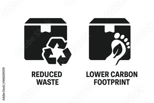 Sustainable Packaging Icons, Solid Filled Vector Set Highlighting Reduced Waste and Lower Carbon Footprint, Eco-Friendly Packaging Symbols for Environmental Benefits and Green Solutions