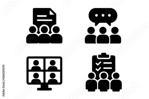 Team Collaboration Icons Vector Set. Solid Filled Design of Teamwork Concepts including Shared Documents, Group Chat, Video Conference, and Task Management, Vector Illustration Transparent Background