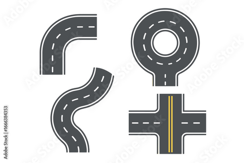 Vector set of road and street elements for map creation. Winding path, highway intersection, curve, and roundabout. Top view asphalt route constructor kit. Flat design icon.