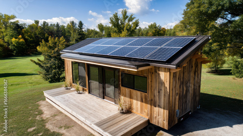 Wallpaper Mural rustic wooden eco-friendly house with solar panels on the roof surrounded by green nature. Solar panels on a mountain cabin, surrounded by lush forest, showcasing sustainable living. Torontodigital.ca