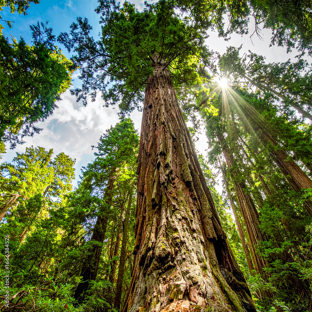Fototapeta premium Majestic Redwood Forest Canopy with Sunbeams
