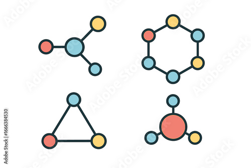 Molecule icon set. Scientific molecular structures. Chemical engineering and abstract atom design. Vector illustration for chemistry, biology, physics, and network concepts.