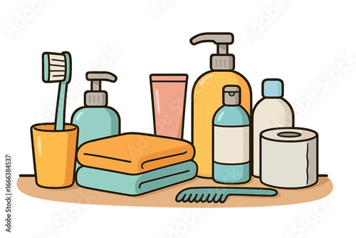 Bathroom toiletries and accessories set. Vector illustration of hygiene products like liquid soap, shampoo, toothbrush, towel, and toilet paper. Personal care and daily routine concept.