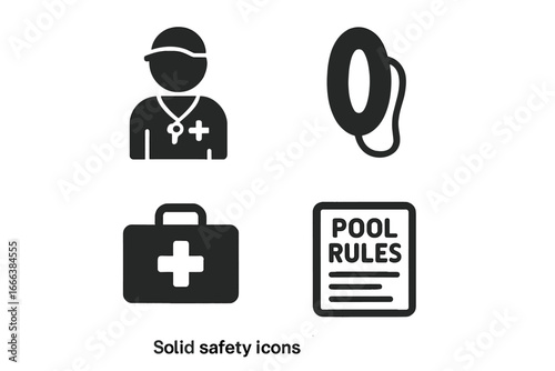 Solid Swimming Pool Safety Icons Set with Lifeguard, Rescue Tube, First Aid Kit, and Pool Rules Sign, Vector Illustration for Water Safety, Rescue, and Emergency Preparedness
