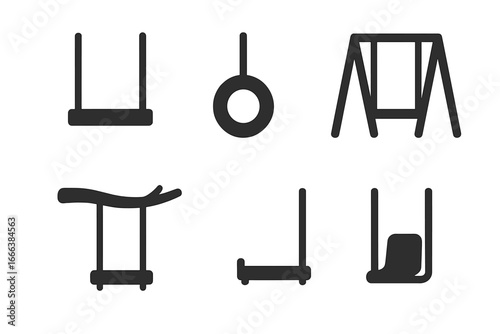 Set of solid filled swing icons with empty seats, wooden plank swings, rope swings, playground frames, and tree branch swings, vector illustrations on transparent background