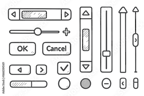 Hand drawn doodle sketch UI kit. User interface elements for web and mobile app design. GUI wireframe with buttons, sliders, and scroll bars. Vector illustration concept set.