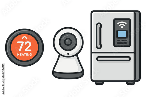 Smart home devices vector icon set. Internet of things concept with thermostat, security camera, smart refrigerator. Home automation technology for modern living illustration.