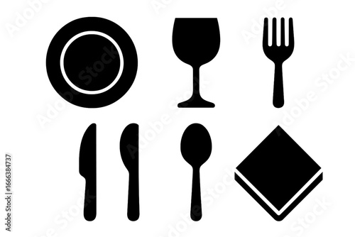 Solid filled vector icons of table setting elements including dinner plate, wine glass, fork, knives, spoon, and napkin, elegant dining utensils, restaurant and kitchen symbols, transparent background