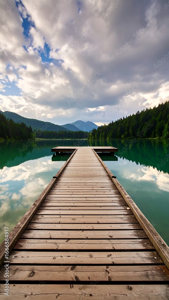 Naklejka premium Tranquil Wooden Dock Over Still Lake Reflecting Clouds and Mountains.