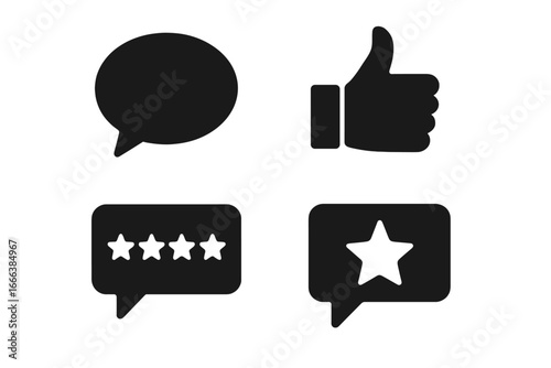 Talent feedback icons set, solid filled vector symbols for talent competition evaluation including speech bubble, thumbs up, star rating, and comment box, transparent background