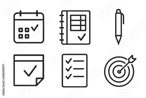 Task icon grid set with outline style, featuring planning and scheduling elements including calendar, planner notebook, pen, sticky note, checklist, and goal target. Vector illustration.