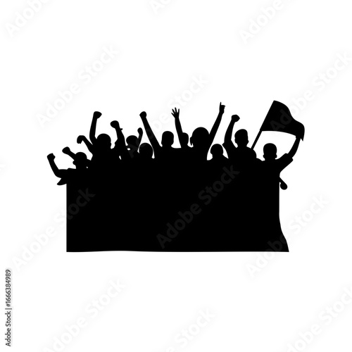 Silhouette of a crowd of people protesting with a flag and a banner