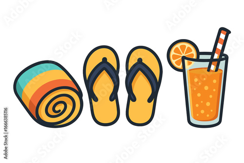 Summer beach essentials vector set. Rolled towel, flip flops, and orange juice drink icons. Vacation, holiday, and travel accessories for relaxation. Cartoon illustration.