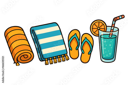 Summer beach vacation essentials icon set. Vector cartoon illustration of beach towel, flip flops, and a refreshing cocktail. Holiday travel accessories for seaside relaxation.