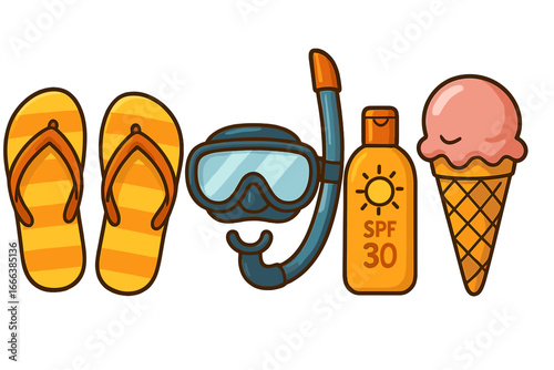 Summer beach vacation essentials icon set. Vector cartoon illustration of flip flops, snorkel mask, sunblock, and ice cream cone. Travel and holiday concept isolated.