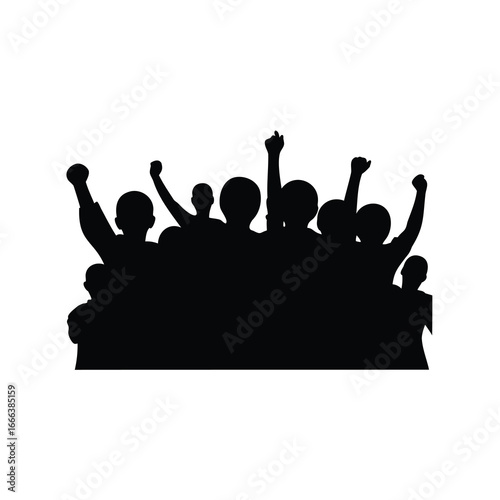 Silhouette of cheering crowd with raised hands - Black silhouette of a group of people raising hands in excitement, symbolizing cheering crowd, celebration, unity, protest, or concert gathering.
