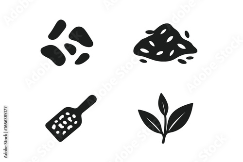 Solid Tea Leaf Icons Set, Vector Illustration of Loose Tea Leaves, Dried Herbs, Botanical Tea Leaf Sprig and Tea Scoop, Natural Herbal Tea Elements, Transparent Background
