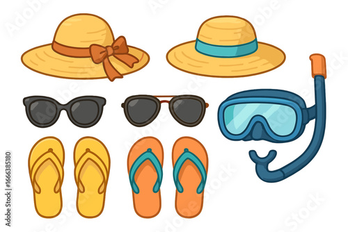 Set of summer beach vacation essentials with sun hats, sunglasses, flip flops and snorkeling gear. Vector cartoon illustration of holiday items for travel and leisure concept.