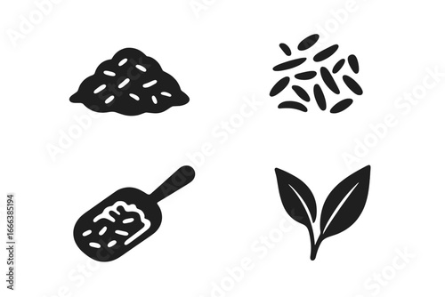Solid Tea Leaf Icons Set, Filled Vector Symbols of Loose Tea Leaves, Dried Herbal Botanicals, Tea Scoop with Leaves, Fresh Tea Leaf Sprig Illustration on Transparent Background
