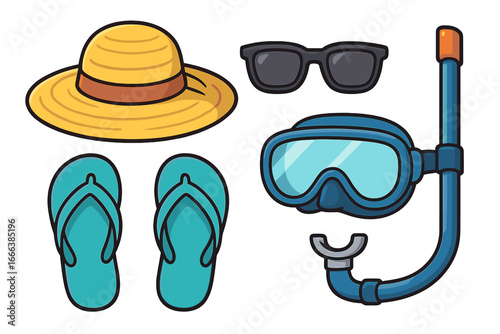 Summer beach vacation essentials vector set. Flat lay illustration of sun hat, sunglasses, flip flops, snorkel mask. Travel holiday accessories cartoon clipart collection isolated.