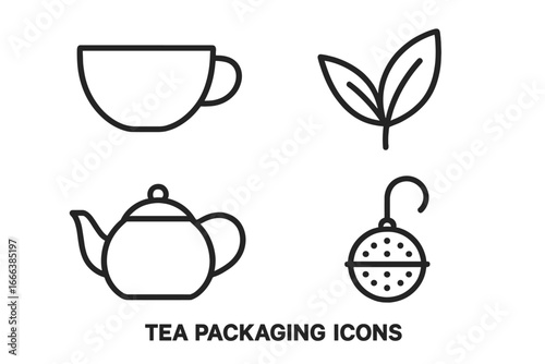Tea Packaging Icon Set, Outline Vector Collection of Tea and Herbal Beverage Symbols Including Teacup, Tea Leaf, Teapot Silhouette, and Infuser for Branding and Design