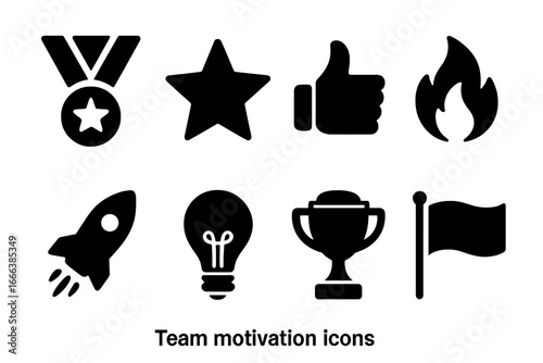Solid filled team motivation icons set including medal, star, thumbs up, fire, rocket, light bulb, trophy, and flag vector illustration on transparent background