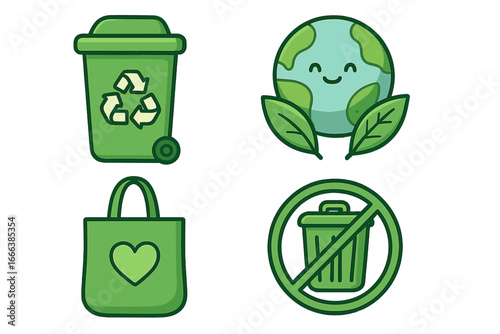 Eco friendly vector icon set for sustainable living. Green symbols representing recycling, waste management, zero waste lifestyle, environmental care, and conservation concept.