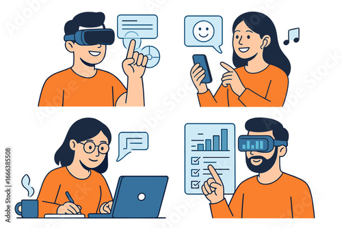 Virtual experiences and technology tools enhancing daily life interactions, productivity, and communication in modern settings. Vector cartoon illustration with VR, smartphone, and laptop users.